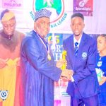 Senator Barau congratulates winner of NNL Goal of the Month Award