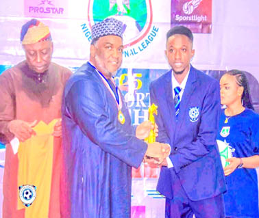 Senator Barau congratulates winner of NNL Goal of the Month Award