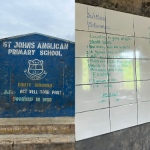 Students in the 150-year-old Ogun community practice open defecation and use tiles as whiteboards.