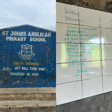 Students in the 150-year-old Ogun community practice open defecation and use tiles as whiteboards.